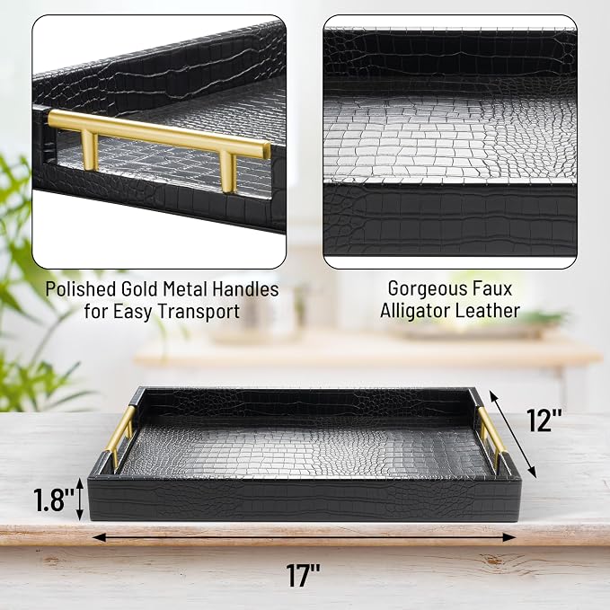 ATZYmolin 17" x 12" Wood Serving Tray with Gold Polished Metal Handles, Home Decorative Wooden Rectangle Ottoman Leather Decor Platter Bathroom Vanity Tray for All Occasions Alligator Black