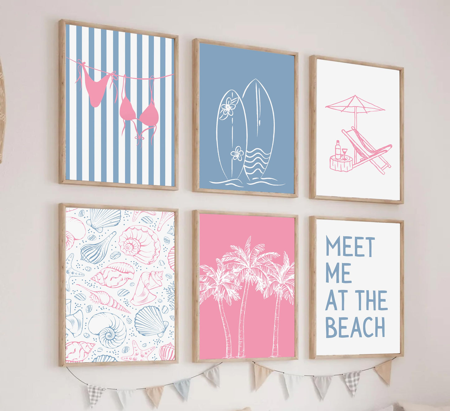 6Pcs Coastal Beach Surfing Wall Art Preppy Bikini Shells Painting Picture Wall Decor Summer Meet Me at the beach Poster Print Artwork for Living Room Bedroom Dining Room Bathroom Home Decoration