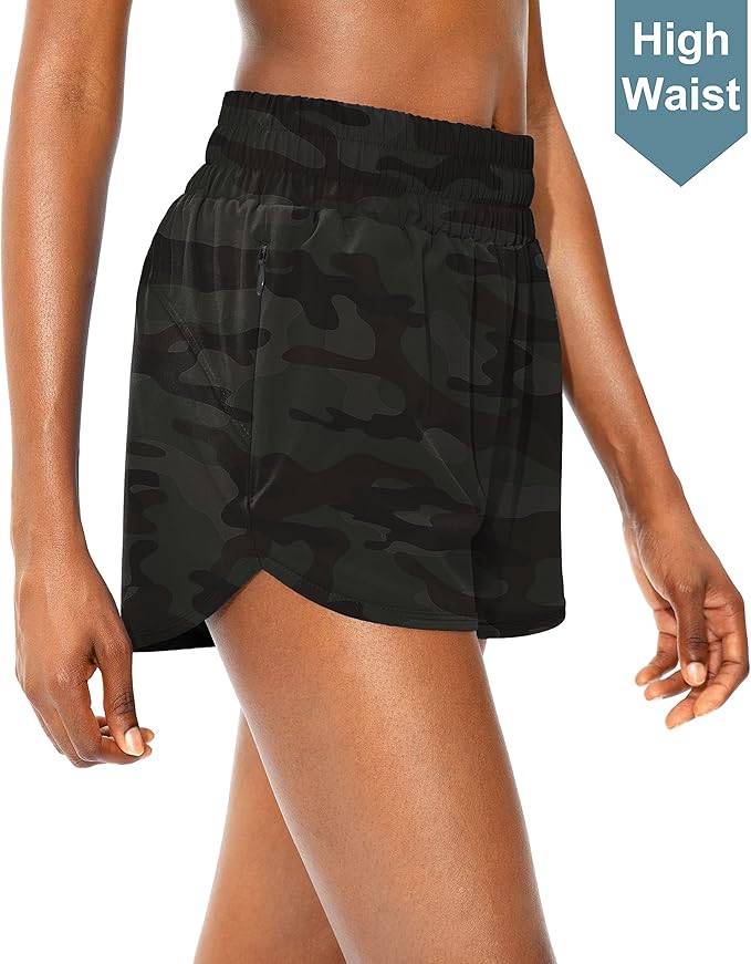 SANTINY Women's Running Shorts with Zip Pockets High Waisted Athletic Workout Gym Shorts for Women with Liner