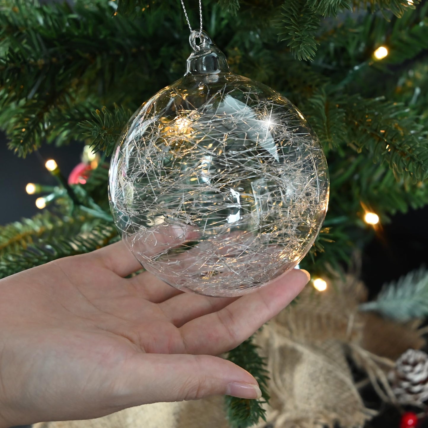 2 Pcs Glass Christmas Ball Ornaments Bulk 4 Inch Christmas Tree Ornaments Large Clear Glass Snowflake Dots Hanging Ball Decorations for Trees Xmas Party Home Decor