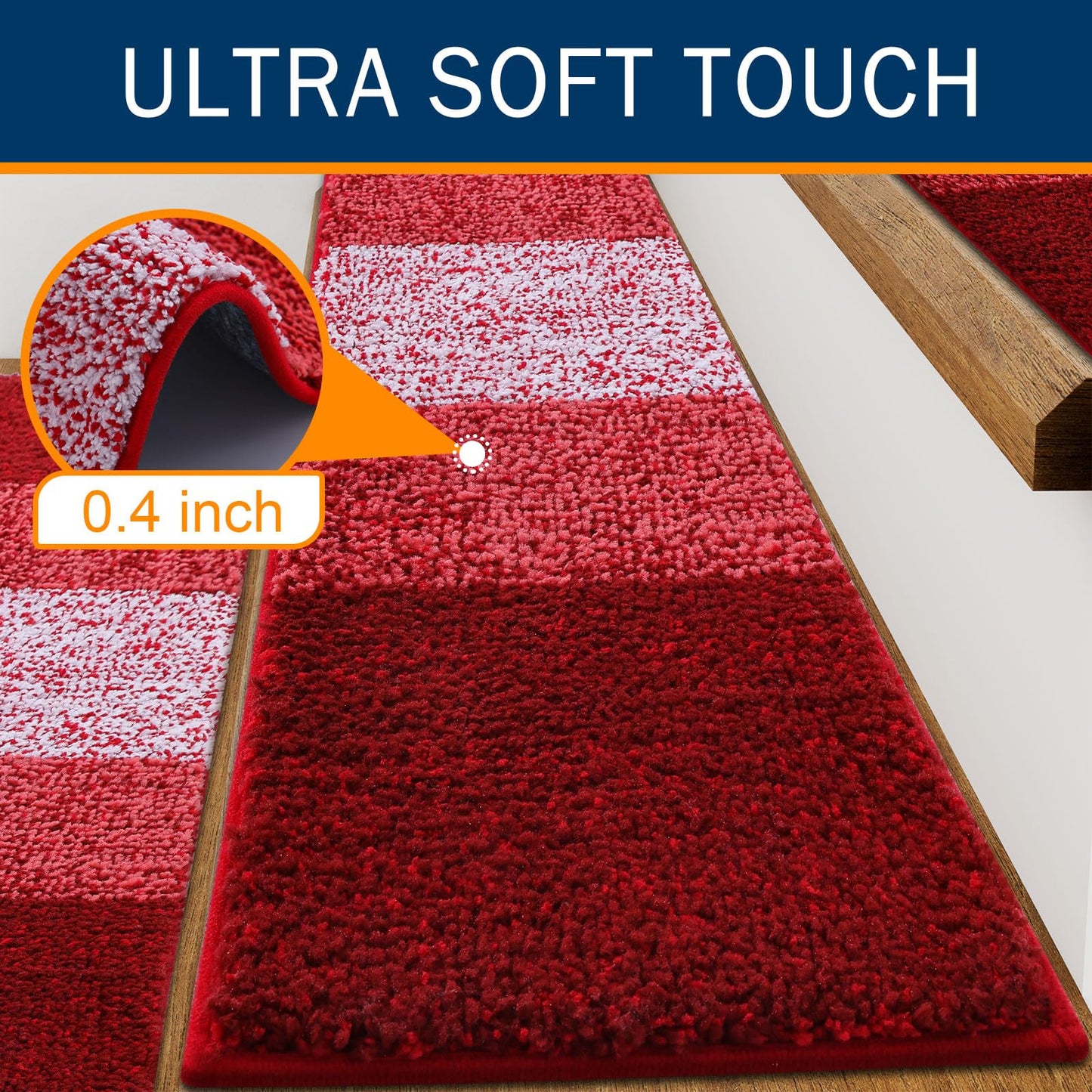 OLANLY Stair Treads Non Slip 15PCS, 8" x 30" Indoor Stair Runners for Wooden Steps, Edging Stair Rugs with Reusable Peel and Stick Adhesive for Kids Elders and Pets, Burgundy