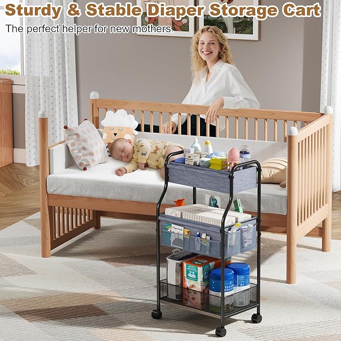 3-Tier Baby Diaper Caddy Organizer and Storage Cart, Mobile Metal Utility Cart with Rolling Wheels for Nursery Essentials with 4+2 Dividers, Large Capacity Rolling Cart For Bedroom, Bathroom, Nursery