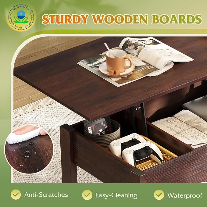 WLIVE Coffee Table, Lift Top Coffee Table with 2 Drawers, Large Hidden Compartment and Open Storage Shelf, Lift Tabletop, Dining Table for Living Room, Espresso