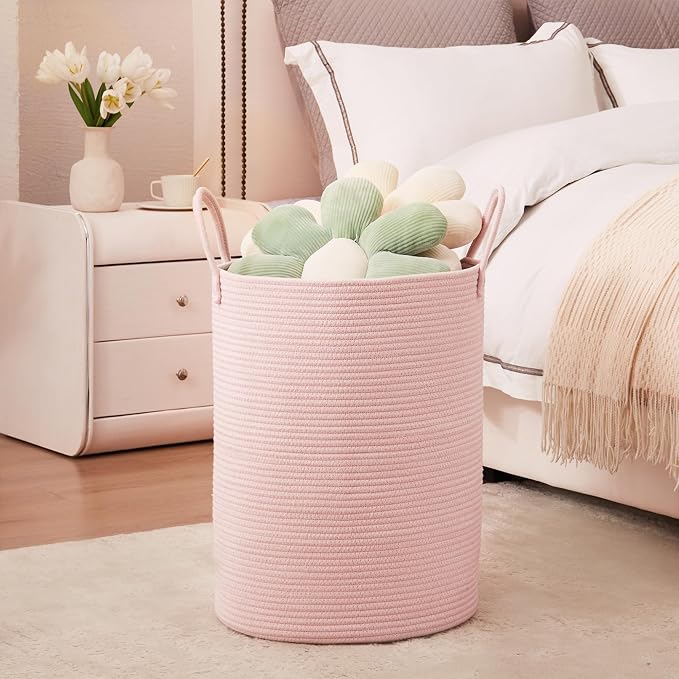 Large Pink Laundry Basket 15x20 Inches, 60L Woven Rope Hamper for Baby Girls and Kids, Tall Nursery Storage Bin, Kawaii Bedroom Laundry Hamper