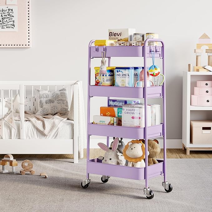 TOOLF 4-Tier Rolling Cart - Metal Storage Organizer with Lockable Wheels, 44 lbs Per Shelf Capacity, Tool-Free Assembly, for Kitchen Bathroom Office Laundry Room Nursery, Purple