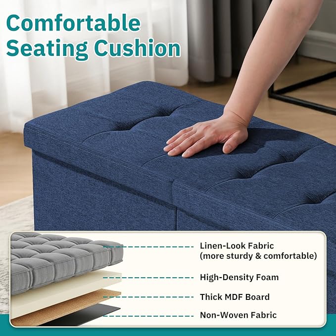35-INCH Storage Ottoman Bench, Footrest with Storage, End of Bed Bench Coffee Table for Living Room, Bedroom, Entryway, Blue