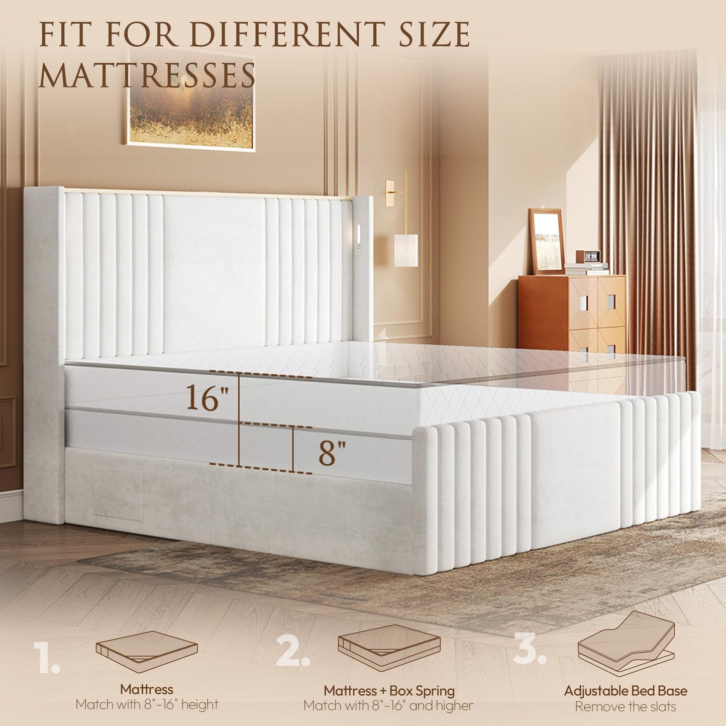 Uteeran King Size Bed Frame with 55.1" Tall Headboard, Velvet Upholstered Platform Bed with Channel Tufted Wingback, 2 Reading Lights/Storage Shelf/Charging Station/Easy Assembly/Noise-Free, Cream