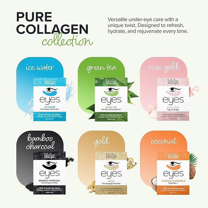 ToGoSpa Green Tea EYES, Dark Circle Warrior | Premium Clean Anti-Aging Gel Pads with Collagen, Hyaluronic Acid, Aloe Vera, Vitamins C & E, Taurine, and Green Tea Extract - 3 Pack