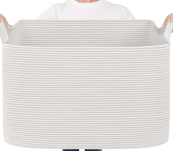 Goodpick 105L Extra Large Blanket Basket 25" x 16" x 16" Cotton Rope Storage Bins for Dirty Clothes, Rectangle Woven Baskets for Living Room Home Decor, Toy Baskets Storage Kids, White