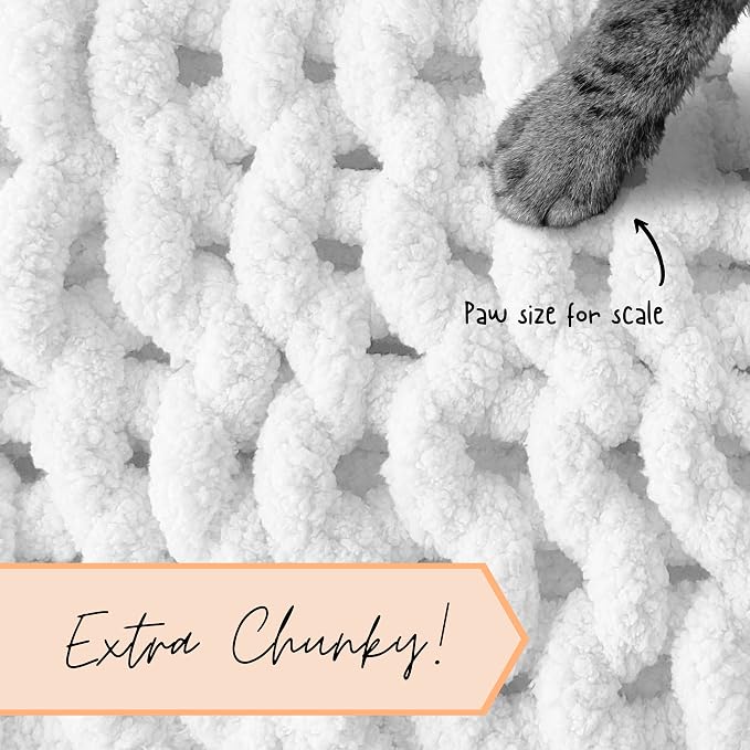 Adyrescia Chunky Knit Blanket Throw | 100% Hand Knit with Jumbo Chenille Yarn (50"x60", Bright White)