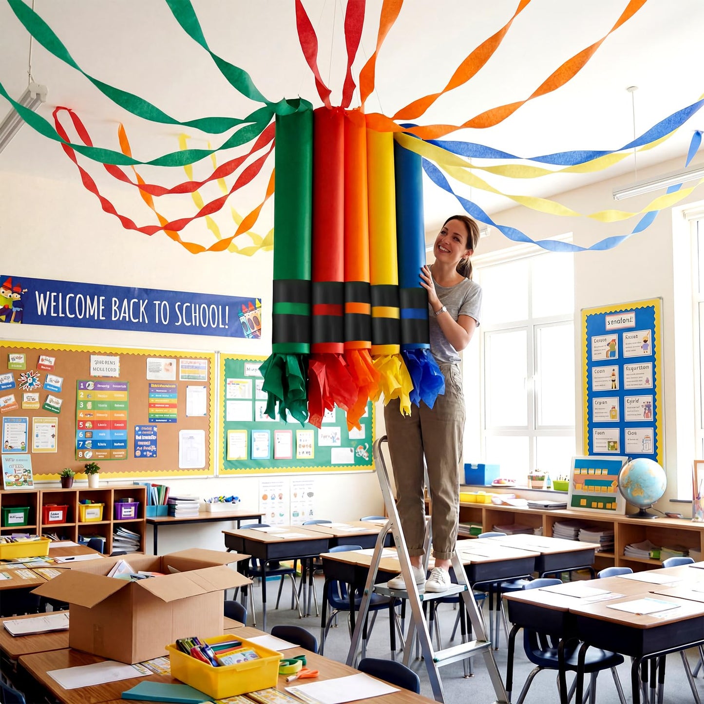 Eaasty 5 Sets Rainbow Crayon Classroom Decor Giant Crayon Chain Garland Streamers DIY Hanging Classroom Art Preschool Kindergarten Graduation Decor for Back to School Daycare Playroom Home School