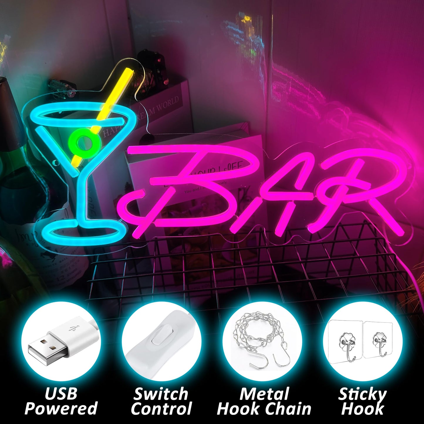 Bar Neon Sign Neon Bar Signs for Home Bar LED Lights up Beer Signs for Party Wall Decor Man Cave Neon Light for Bar Pub Restaurant Christmas Gift, LED Business Bar Signs