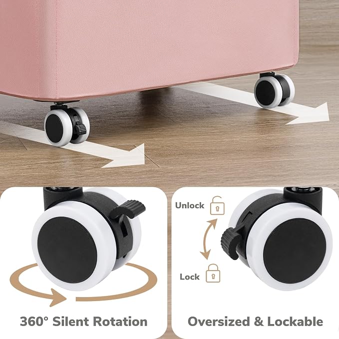 Goodpick Laundry Basket with Wheels, Collapsible Clothes Hampers with Removable Laundry Bag 100L Large Rolling Hamper with Lid for Bedroom, Bathroom, Pink