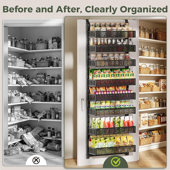 POKIPO 8-Tier Over the Door Pantry Organizer, 2 IN 1 Wall Mount or Hanging Spice Rack with Adjustable Raised Basket, Heavy Duty Back of Door Storage for Kitchen Bathroom Laundry Room