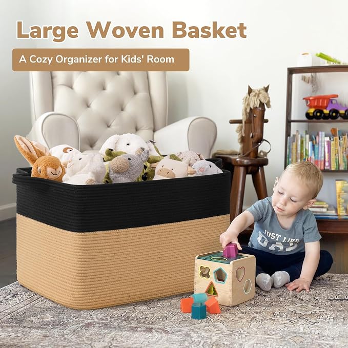 Goodpick Large Woven Blanket Basket 23.6" x 15.7" x 13.8" Cotton Rope Storage Organizer for Dirty Clothes Pillows, Wicker Storage Basket for Living Room Bedroom, Black & Jute