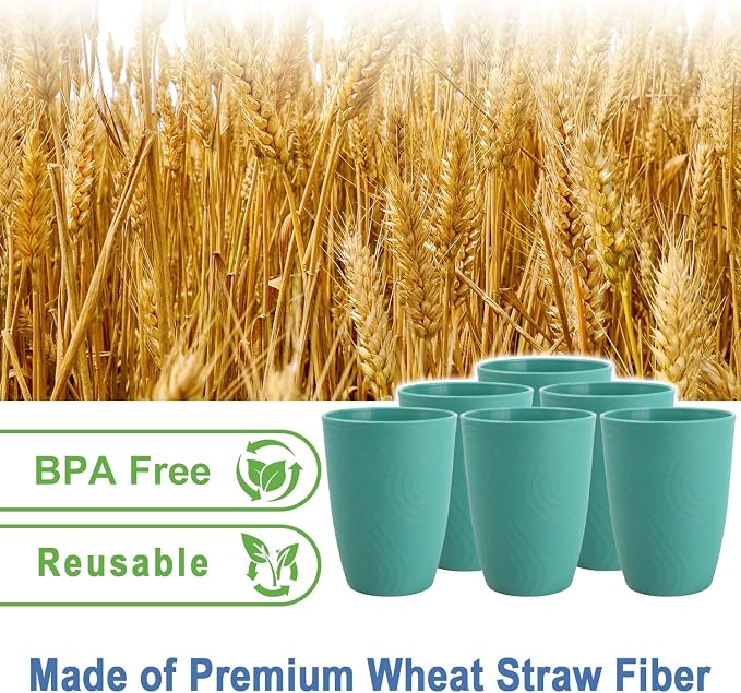 Glasses Drinking Set 6 PCS - Wheat Straw Cups Lightweight Plastic Cup Set 12 OZ Unbreakable Cups Microwave and Dishwasher Safe Water Tumbler, Kitchen Cup for Picnics, Camping, RV - Green