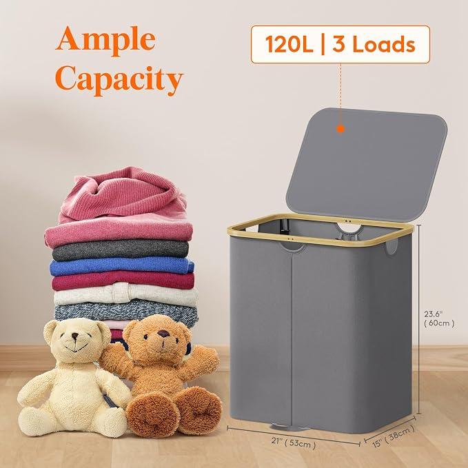 Lifewit 120L Double Laundry Hamper with Lid, Large Laundry Basket with Removable Bag & Bamboo Handles, Fodable Tall Dirty Clothes Hamper for Laundry Collapsible Bin for Bathroom Bedroom, Charcoal Gray