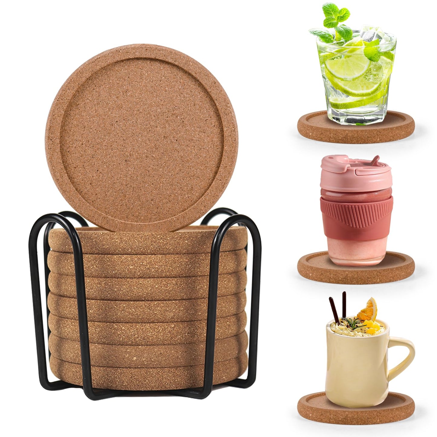 Cork Coasters for Drinks Set of 8 with Holder, Absorbent Round Coasters with Lip, Heat Resistant and Table Protective, 4'' Diameter Suitable for Most Cups, Perfect for Home & Office, Housewarming Gift