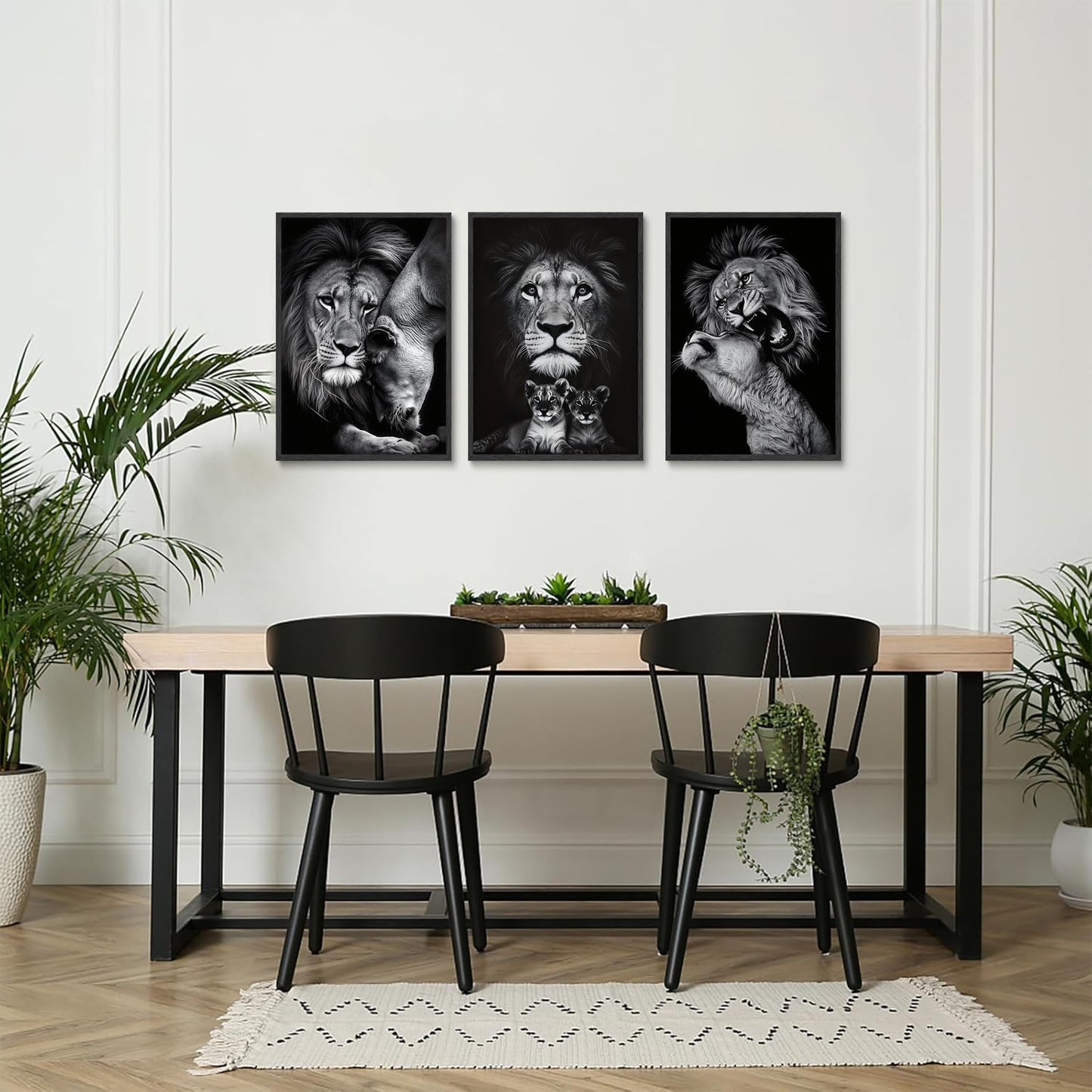 3pcs Black and White Lion Family Triptych Wall Art Canvas Paintings Animal Posters Prints Pictures Wall Decor for Bedroom Living Room Office Decoration Unframed