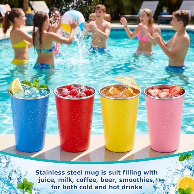 Mimorou 4 Pack Stainless Steel Pint Cups Metal Cups Unbreakable Drinking Water Tumblers Stackable Tumbler for Adults Bar Home Restaurant Travel Picnic Camping Outdoor (Mixed Colors,16 oz)
