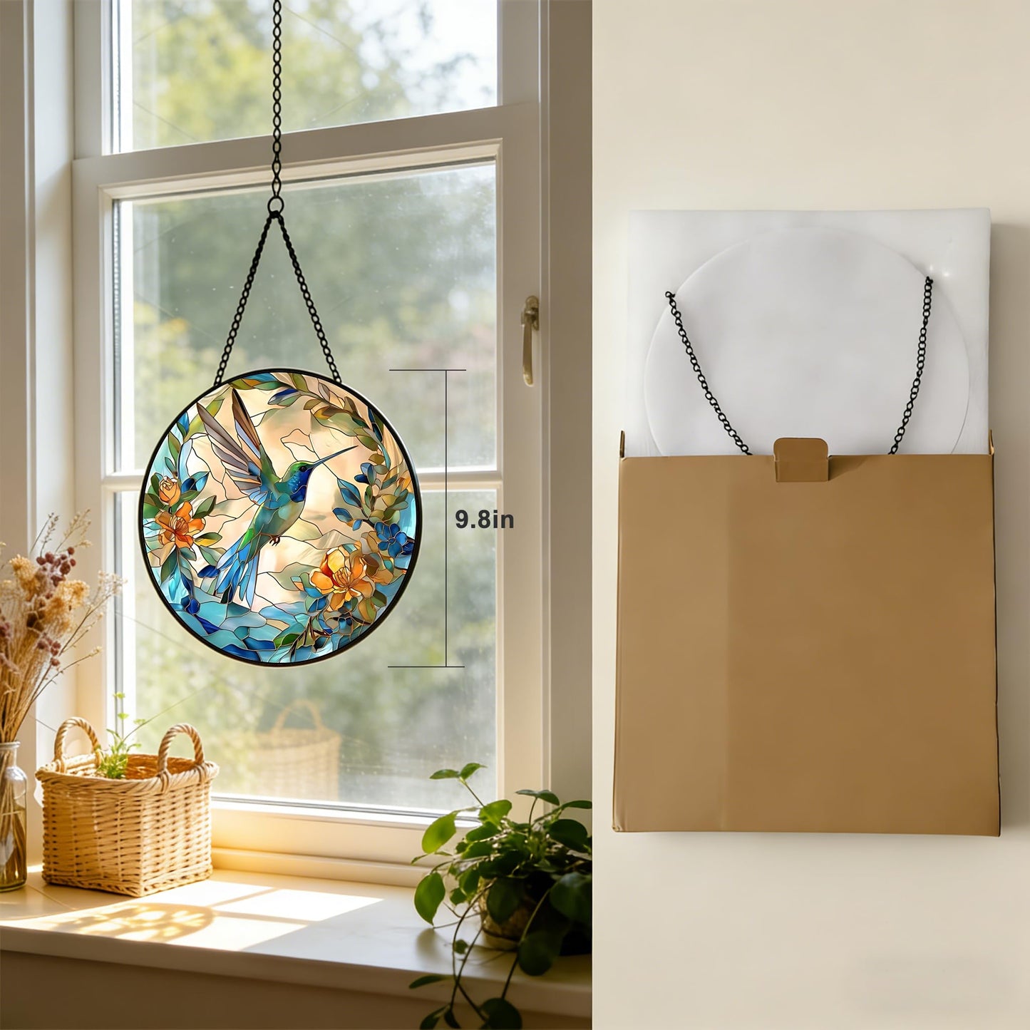 9.8 In Hummingbird Stained Glass Window Hanging, Large Stained Glass Suncatcher for Indoor Home Decor, Vibrant Bird & Flower Window Suncatcher Ornament for Garden, Ideal Gift for Women Mom Bird Lovers