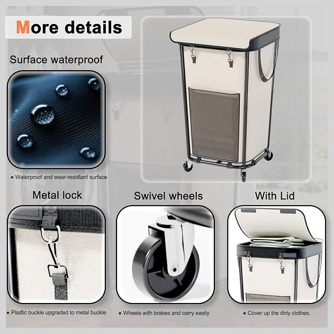 Laundry Basket with Lid and Wheels Rolling Laundry Basket, Removable Laundry Bag Design for Daily Use in Bathrooms and Laundry Rooms (Cover White, 160L)