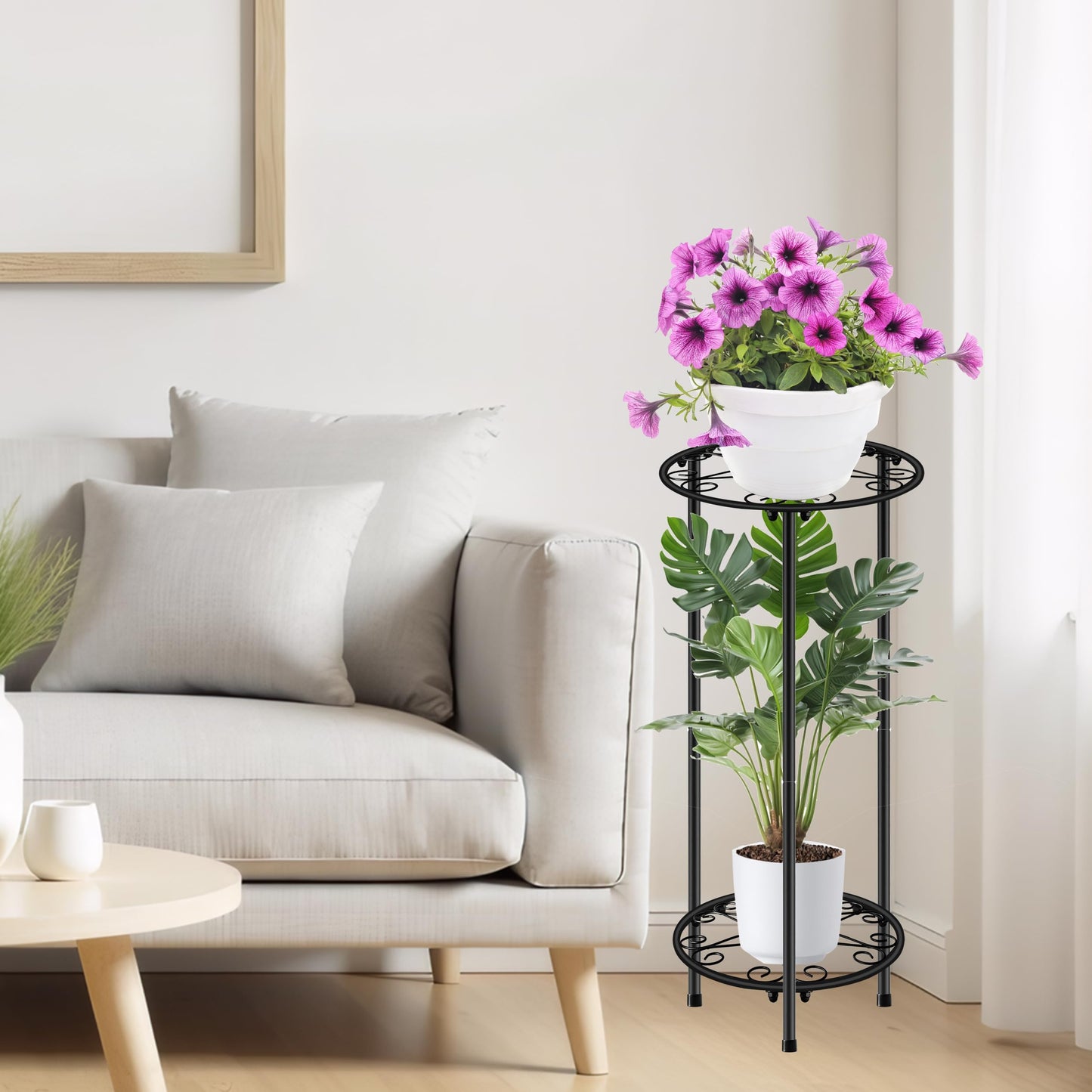 CASIMR Plant Stand Indoor Outdoor, Metal Rustproof Flower Shelf 2 Tier 23.9 inch, Tall Multiple Plant Pot Holder Rack for Garden Patio Living Room Corner Balcony, Black