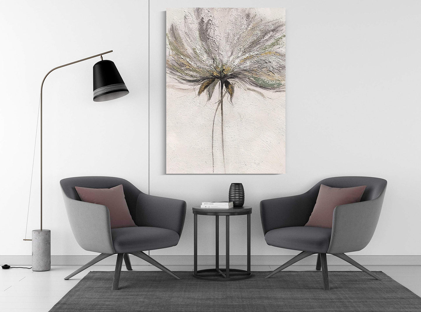 Yihui Arts Hand Painted Abstract Floral Wall Art Pictures Grey White Gold Foil Painting Sand Artwork For Bedroom Decoration
