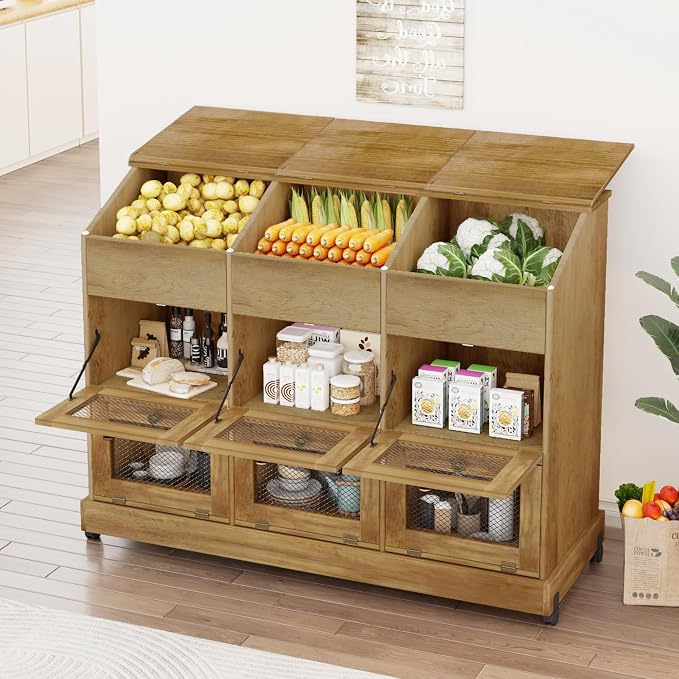 Triple Potato and Onion Storage Bin with Wheels, 3 Tier Wooden Potato Storage Cabinets with Mesh Doors, Farmhouse Movable Fruit and Vegetable Box, Wood Bread Box for Kitchen (Triple Brown)