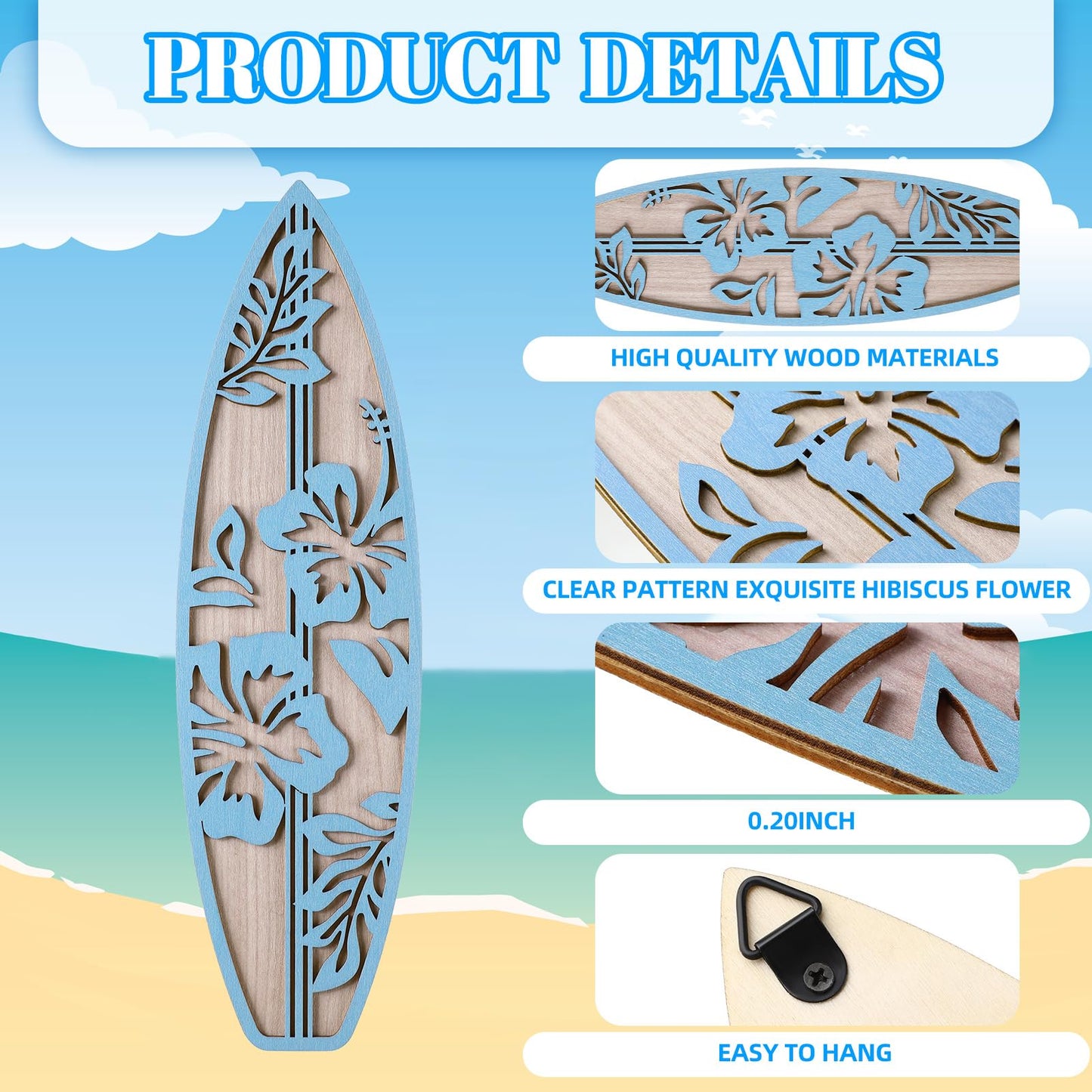 RattanView 3 Pieces Surfboard Decor for Bedroom Wooden Beach Wall Decor Summer Wood Surfboard Wall Hanging Sign for Tropical Living Room Decoration(Hibiscus,Blue)