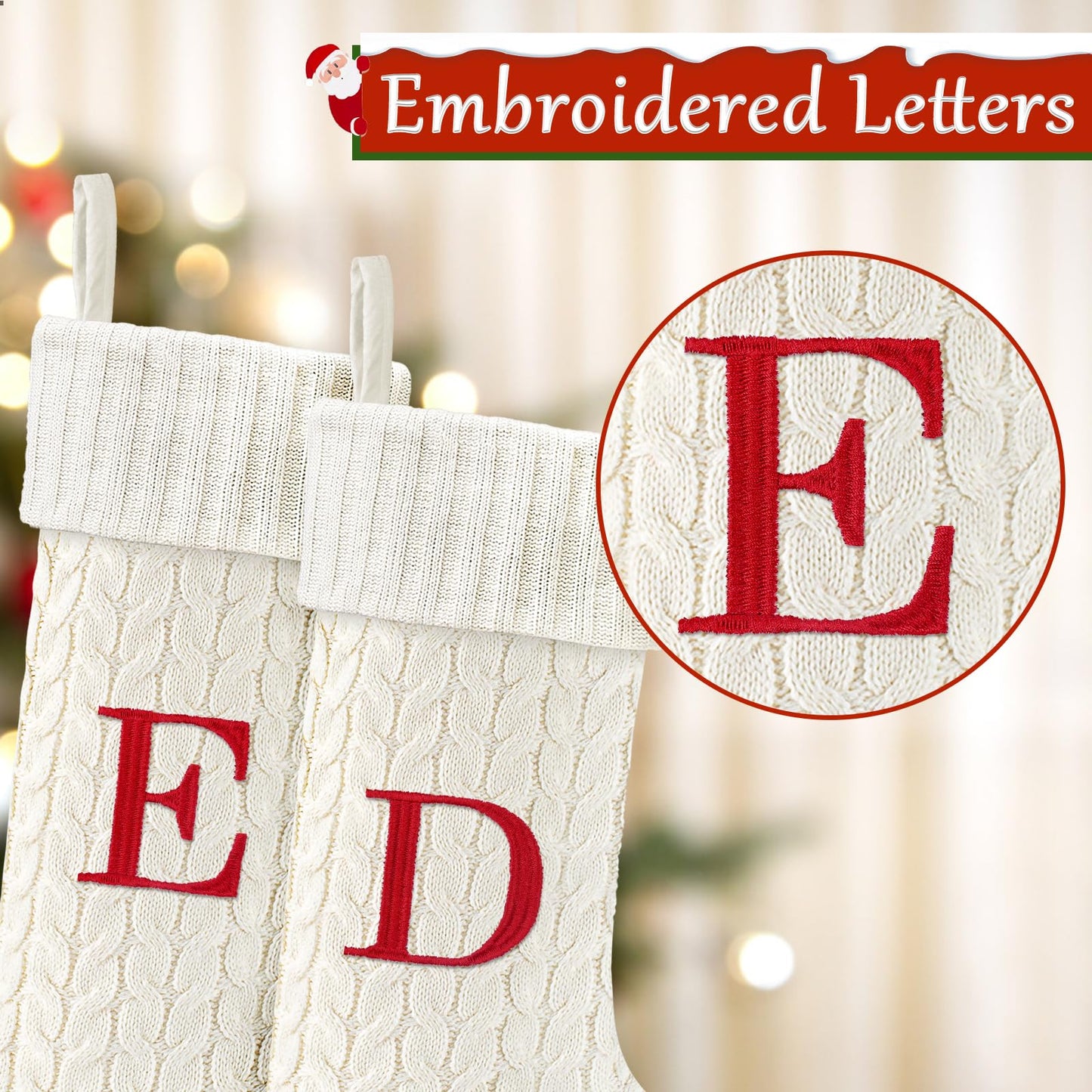 Yoochee 21 Inches Knitted Christmas Stockings with Initials, Large White Custom Monogram Embroidery Christmas Stockings with Letter, Personalized Xmas Decoration for Holiday Family Party-M