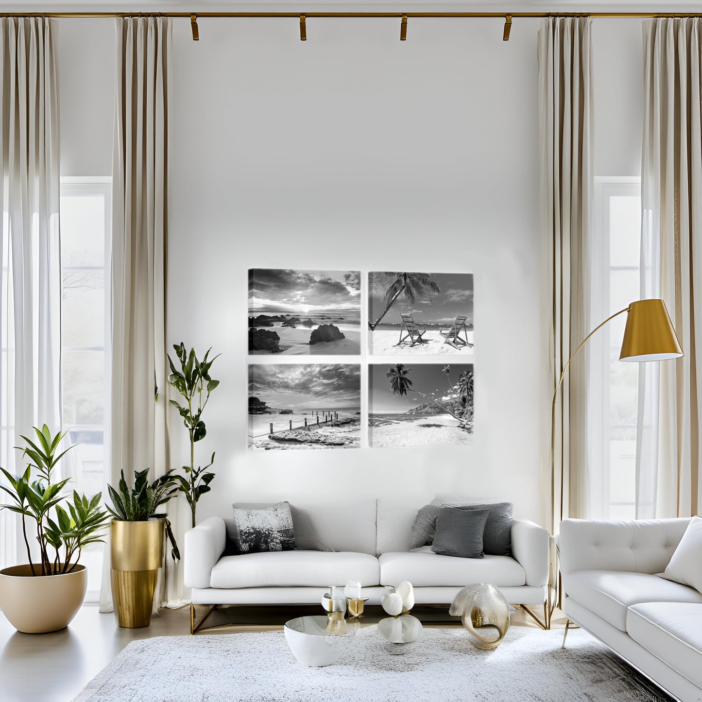 Nachic Wall Black and White Beach Wall Art Sea Sunrise Pictures Palm Tree Landscape Painting on Canvas Modern Home Living Room Bathroom Decor
