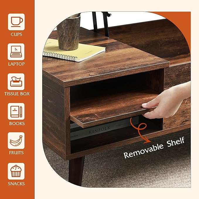 WLIVE Coffee Table with Lifting Top, Hidden Storage & Adjustable Shelf for Living Room Small Space, Multifunctional Rising Wooden Center Table, Mid Century Modern Tables for Home Dining Office, Brown