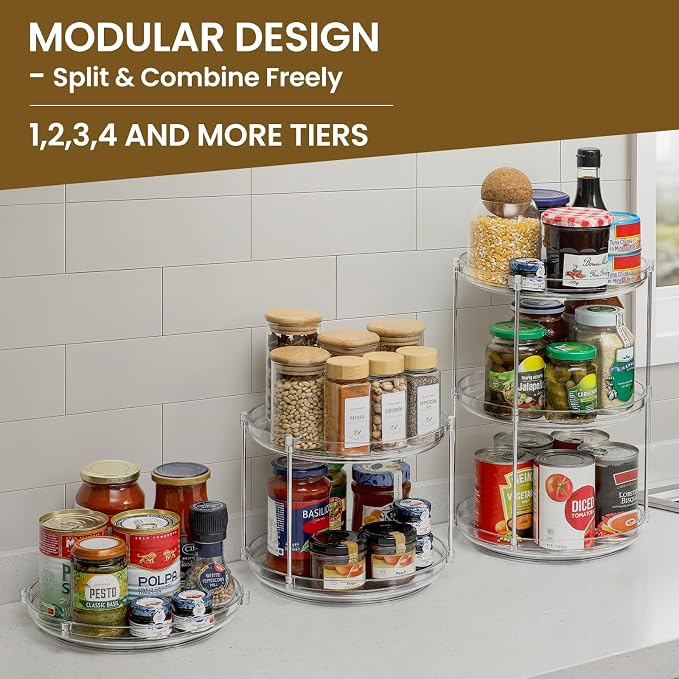 2 Tier Non-Skid Acrylic Lazy Susan Turntable Organizer - Rotating Spice Rack - Spinning Organization Tray for Kitchen, Pantry, Countertop, Closet, Bathroom, Vanity, Medicine Cabinet Organizing, 11''