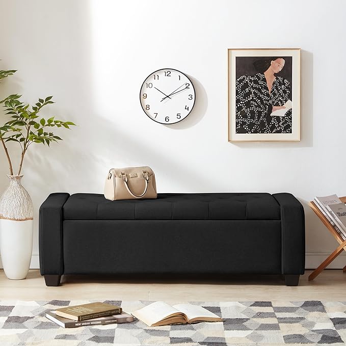 Huatean Home 48" Ottoman with Storage, Black Storage Ottoman Bench with Safety Hinge, Upholstered Entryway Bench with Seating for Bedroom, Living Room, Holds up to 330 lb