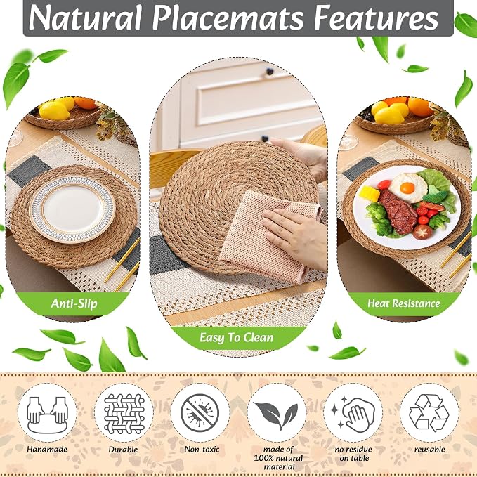 6 Sets Boho Decoration Placemats Round Woven Placemats, Cloth Napkins, Wood Bead Napkin Rings, Long Table Runner and Farmhouse Burlap Cotton for Table Kitchen (Gray,12x72)