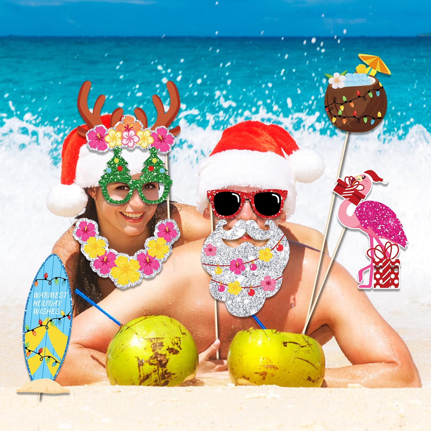 25-Piece Funny Tropical Christmas Photo Booth Props Kit - Beach Santa Holiday Party Supplies for Adults, Hawaiian Luau, Holiday Beach Party Decorations with Sticks & Stickers