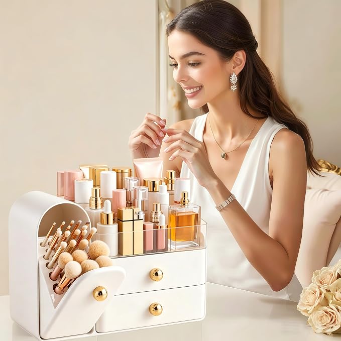 HBlife Makeup Organizer Countertop with Drawers, Vanity Organizers with Brush Holder, Bathroom Counter Organizer for Perfume, Nail Polishes, Lipsticks, Skincare and Eyeshadow Palettes, White and Gold