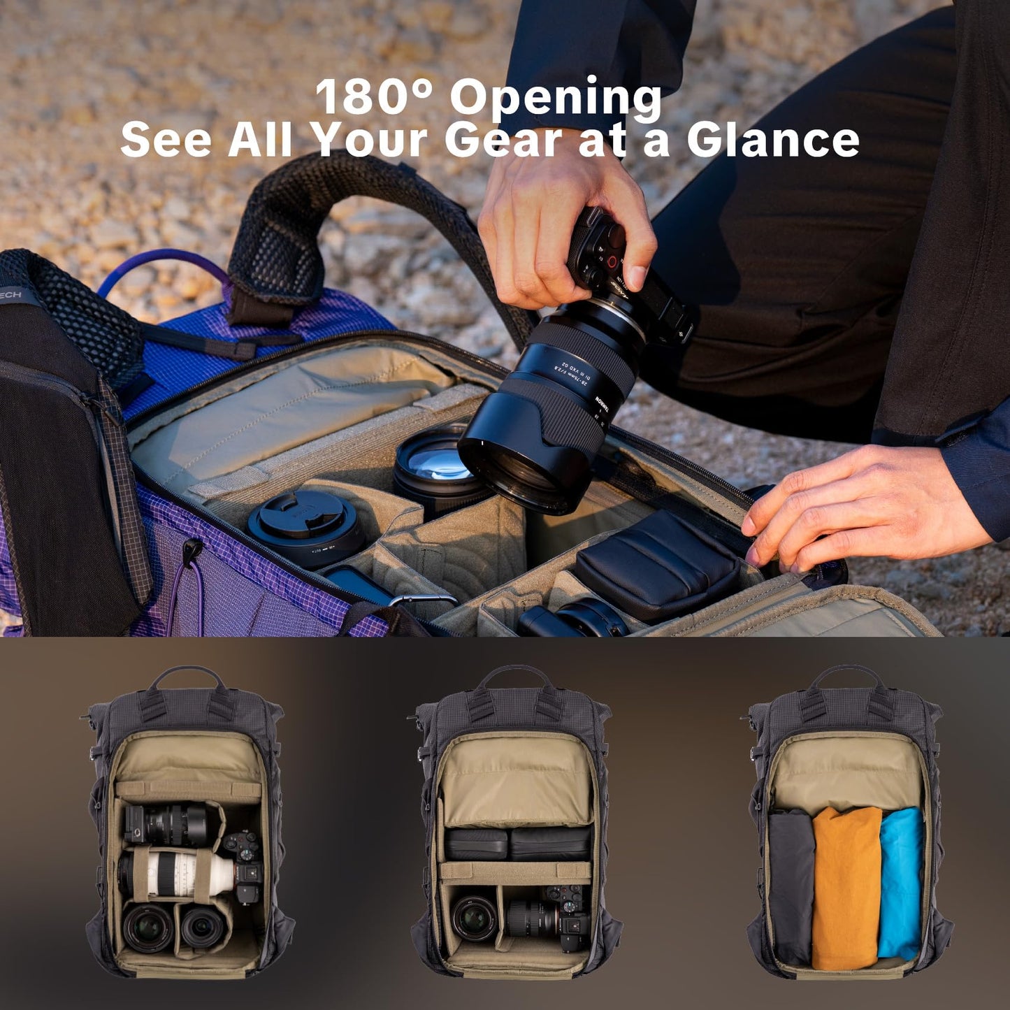 PGYTECH OnePro Ultralight Camera Backpack, Expandable Camera Bag 30L for Photographers, Outdoor Travel Bag with Dividers and 16" Laptop Sleeve, Compatible with DSLR/Drones/Mirrorless (Aurora Purple)
