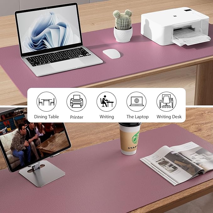 Aothia Faux Leather Desk Mat - Non-Slip PU Leather Desk Blotter, Waterproof Writing Surface, Large Desk Pad for Office & Home (Dark Pink, 55" x 24")
