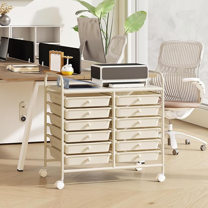 COSTWAY 12-Drawer Rolling Storage Cart, Utility Storage Organizer Cart for Tools, Scrapbook, Paper, Craft, Multipurpose Art Supply Organizer on Wheels for Home Office School, Teacher, Ivory White