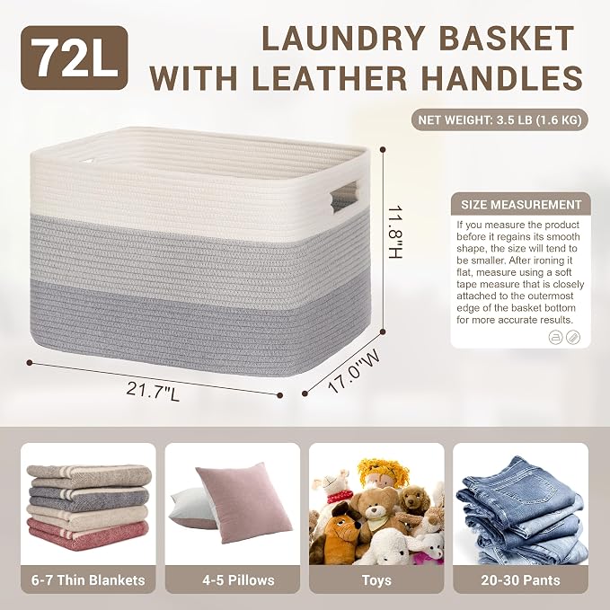 72L Large Laundry Basket with Leather Handles for Living Room Storage, Woven Rope Baskets Bin for Blanket, Kids Toy, Gifts, Wicker Hamper for Bedroom Dirty Clothes, 22"x17"x12" Gradient Grey
