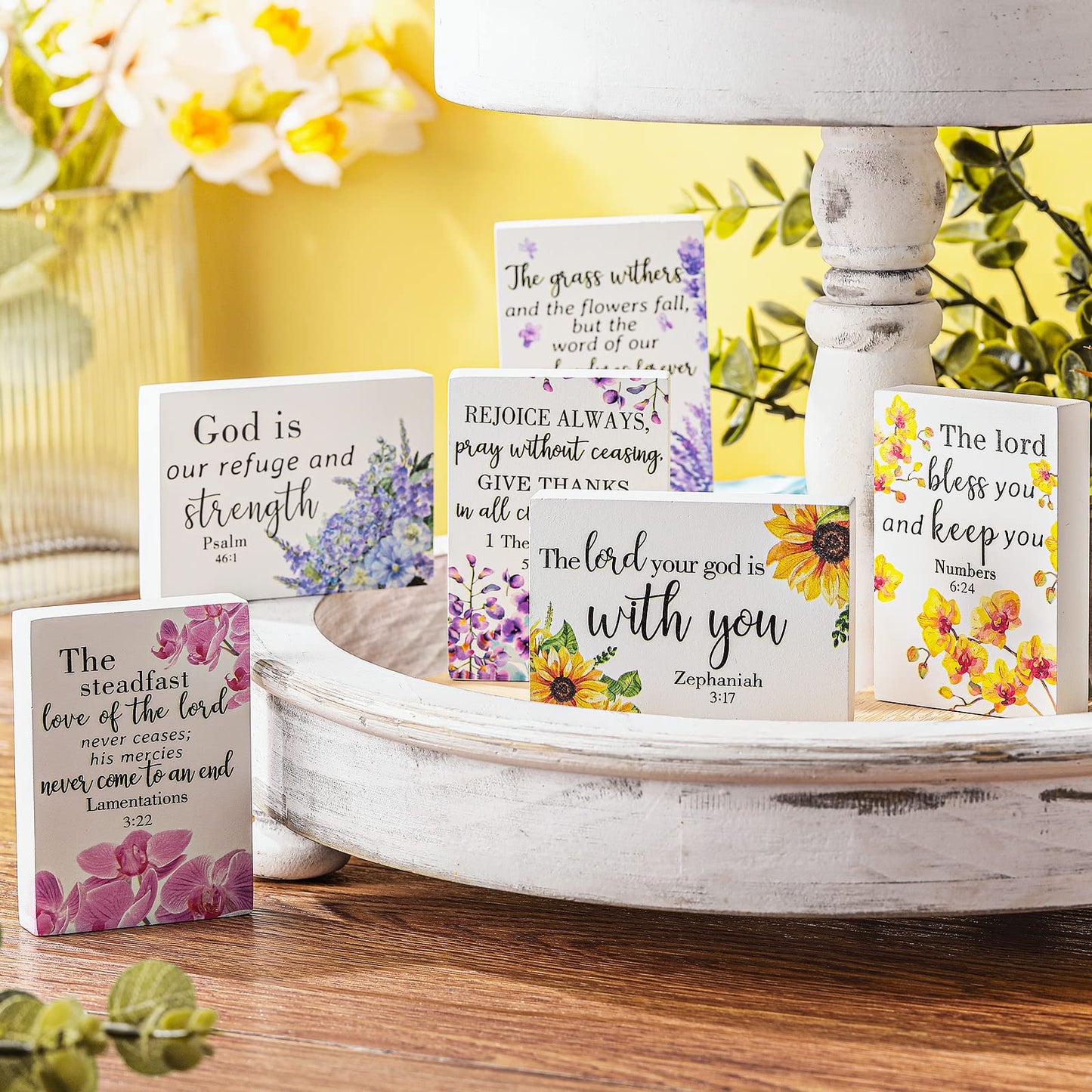 Yulejo 6 Pieces Christian Table Decor Mini Bible Verse Wooden Signs Inspirational Rustic Decorative Scripture Signs Tabletop Art Wood Blocks for Table Desk Room Home Office Party Favors