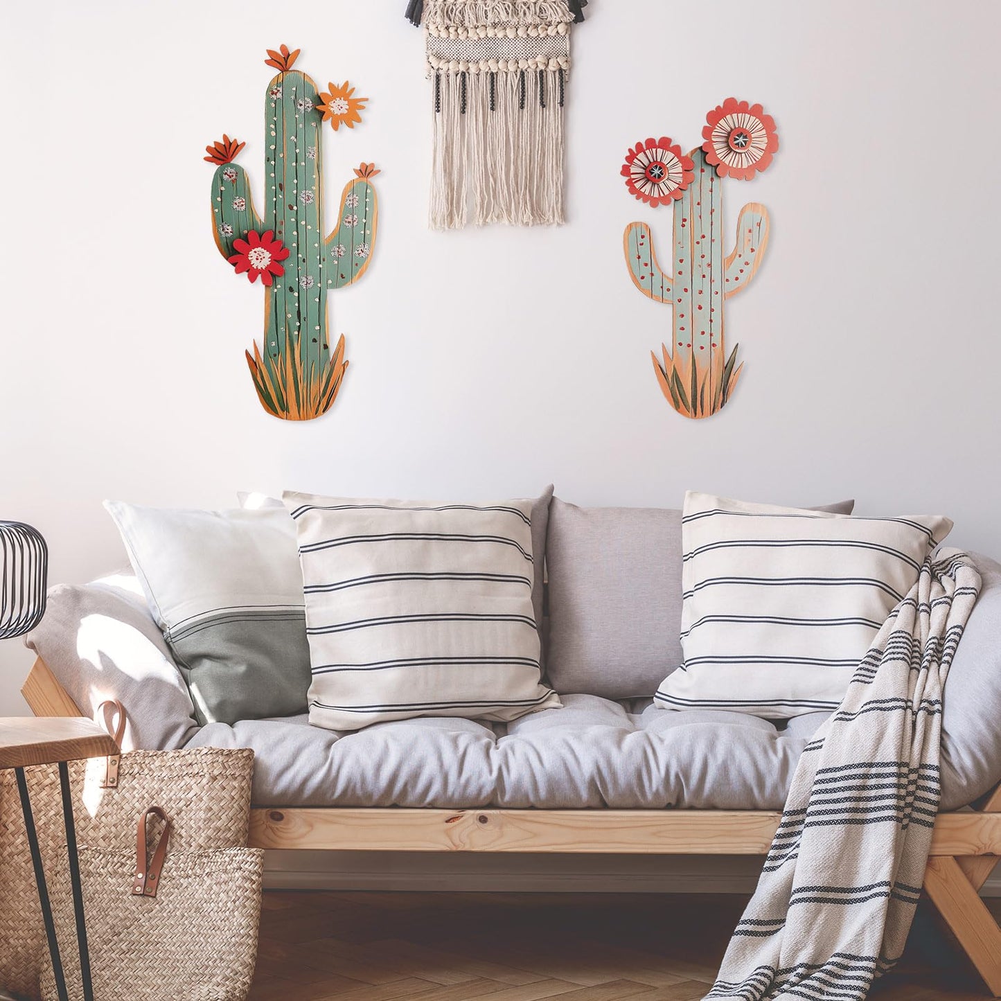 flangairy 3D Cactus Wall Decor, Set of 2 Wooden Cactus Flower Picture Southwestern Wall Art, Western Room Bathroom Bedroom Nursery Kitchen Decorations for Home