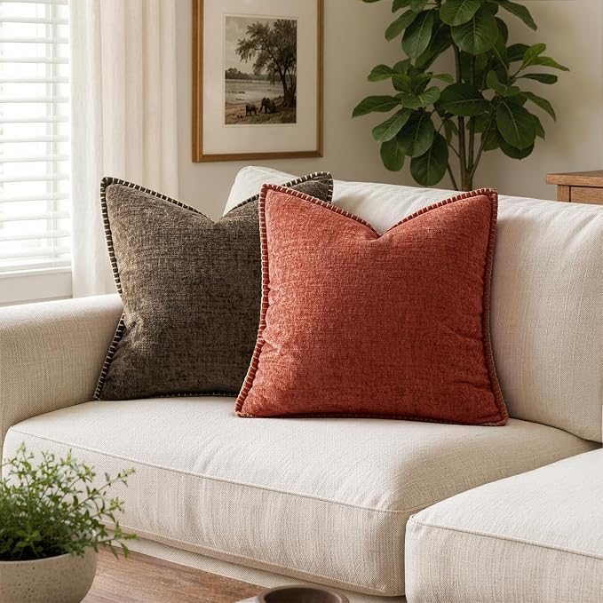 MIULEE Pack of 2 Fall Couch Throw Pillow Covers 18x18 Inch Burnt Orange Farmhouse Decorative Pillow Covers with Stitched Edge Soft Chenille Solid Dyed Pillow Covers for Sofa Bed Living Room