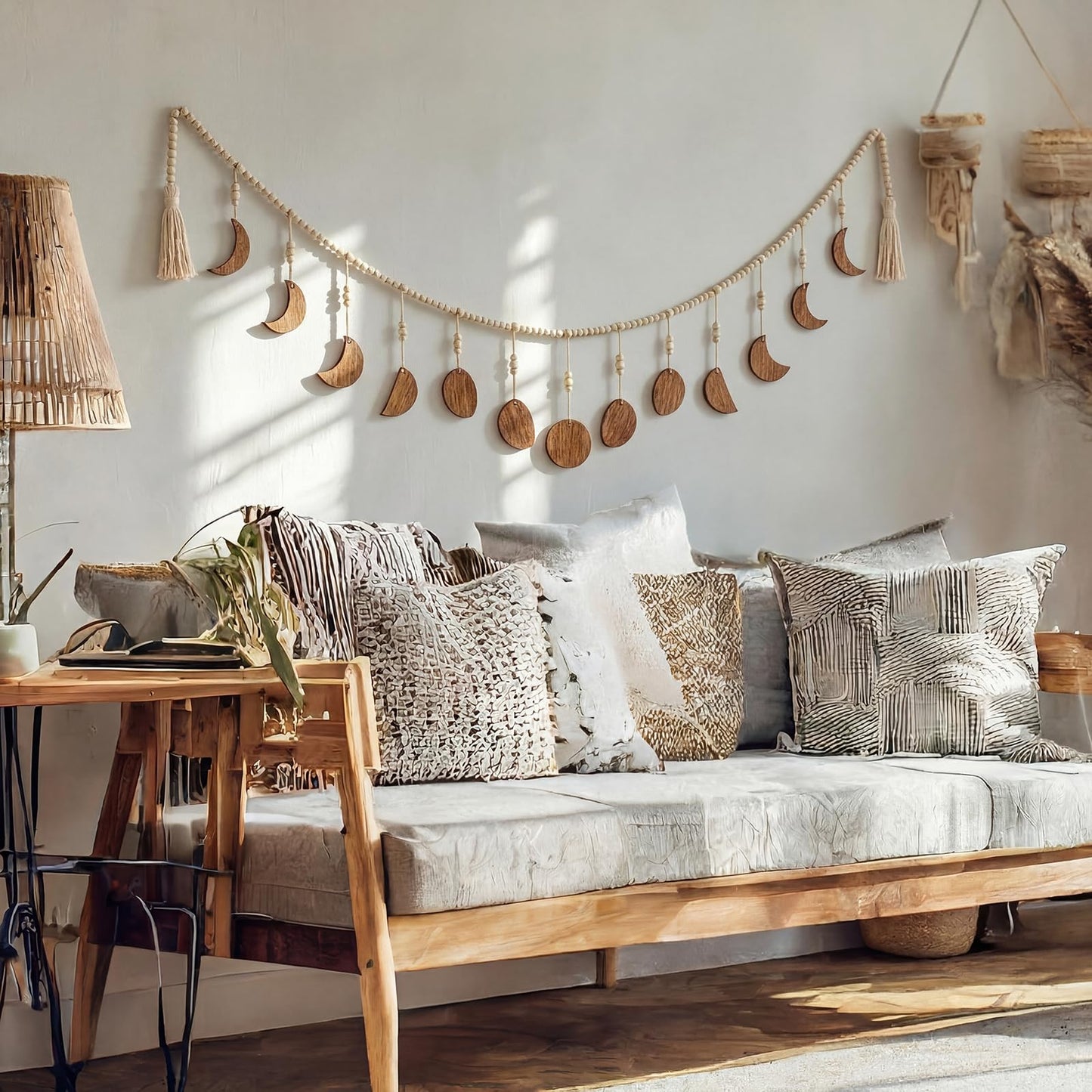 RattanView Moon Phase Wall Decoration Boho Wood Beaded Home Hanging Decorations with Tassel Phases the Celestial Moon Gold Wall Art for Bedroom Bohemian Astrology Witchy Dorm Living Room