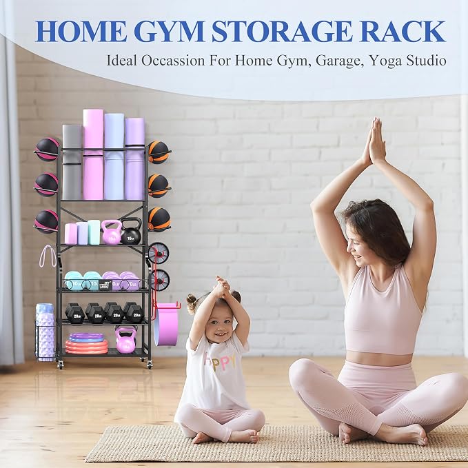 Mythinglogic Yoga Mat Storage Racks,Home Gym Storage Rack for Dumbbells Kettlebells Foam Roller, Yoga Strap and Resistance Bands, Workout Equipment Storage Organizer With Hooks and Wheels