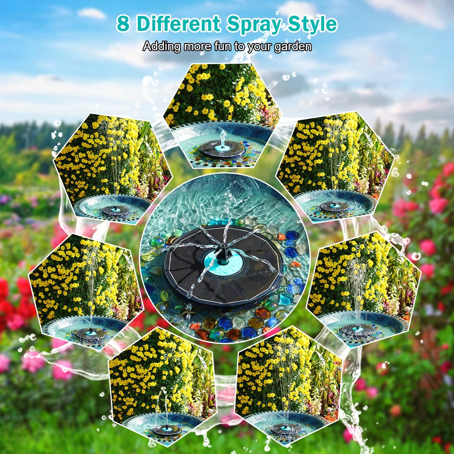 GAIZERL Solar Fountain Cyan Flower, Upgrade 3.5W Solar Bird Bath Fountains, Solar Powered Water Fountain with 7 Nozzles, 4 Fixed Pipes for Hummingbirds, Bird Bath, Garden, Pool, and Pond