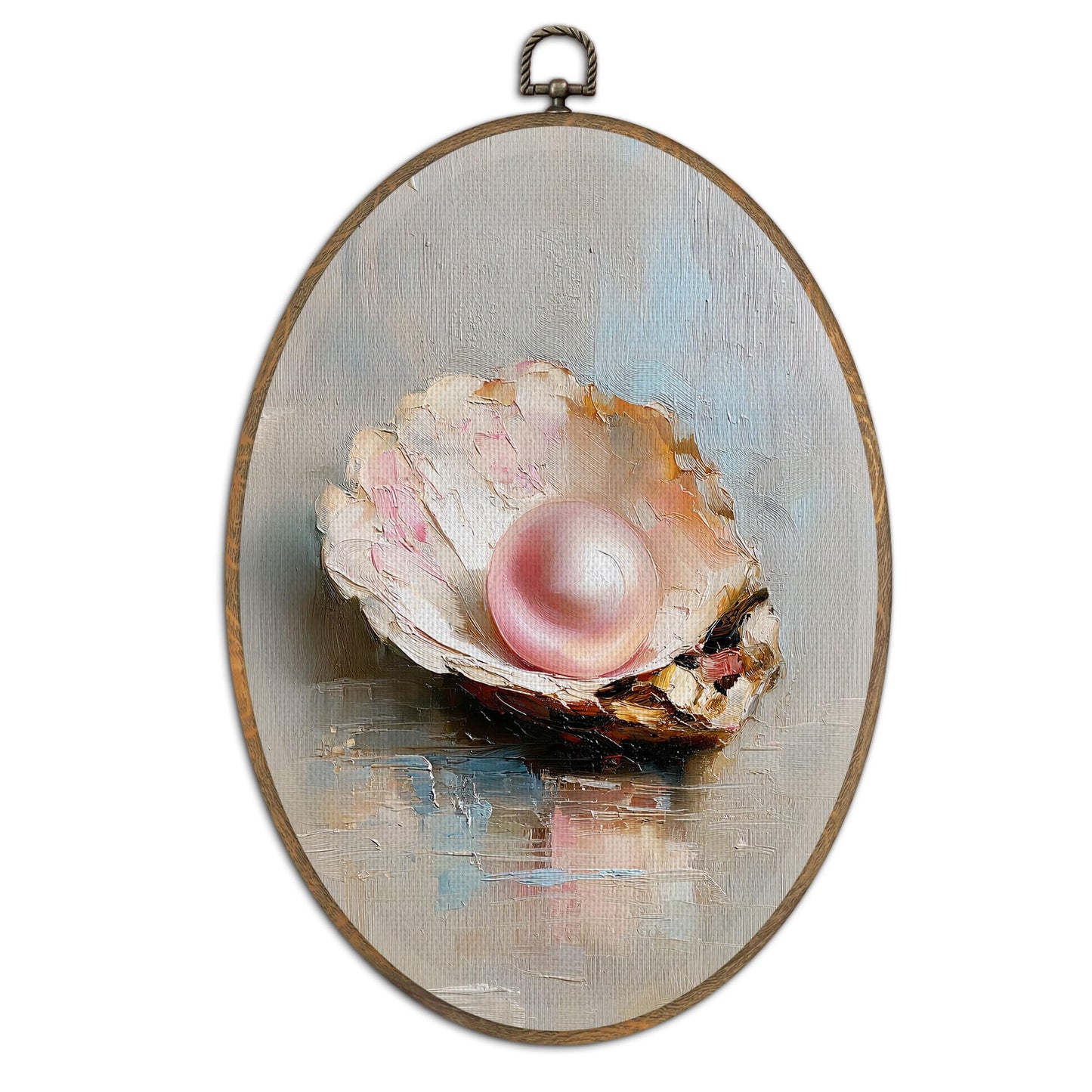 SHQIEUDH Coastal Beach Seashell Oval Wall Art, Rustic Beach House Framed Canvas Prints Artwork, Neutral Ocean Pearl Seashell Oval Wall Hanging Decor for Home Bedroom Living Room, 8.6x11.4In