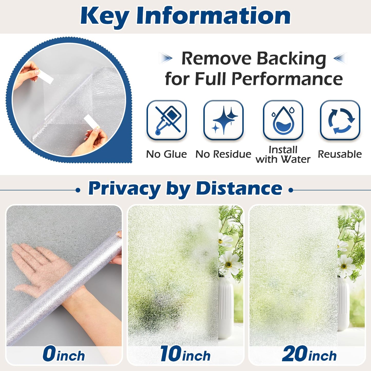 Borskyn Frosted Glass Window Privacy Film with Ice Vein Texture, Static Cling UV Blocking Removable Covering, Decorative Frosting Film for Home Office Bedroom Door, Clear, 17.5 x 78.7 Inches